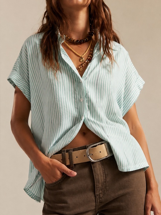H&M Tops - H&M Light Mint Striped Short-Sleeve Button Shirt - Women size L